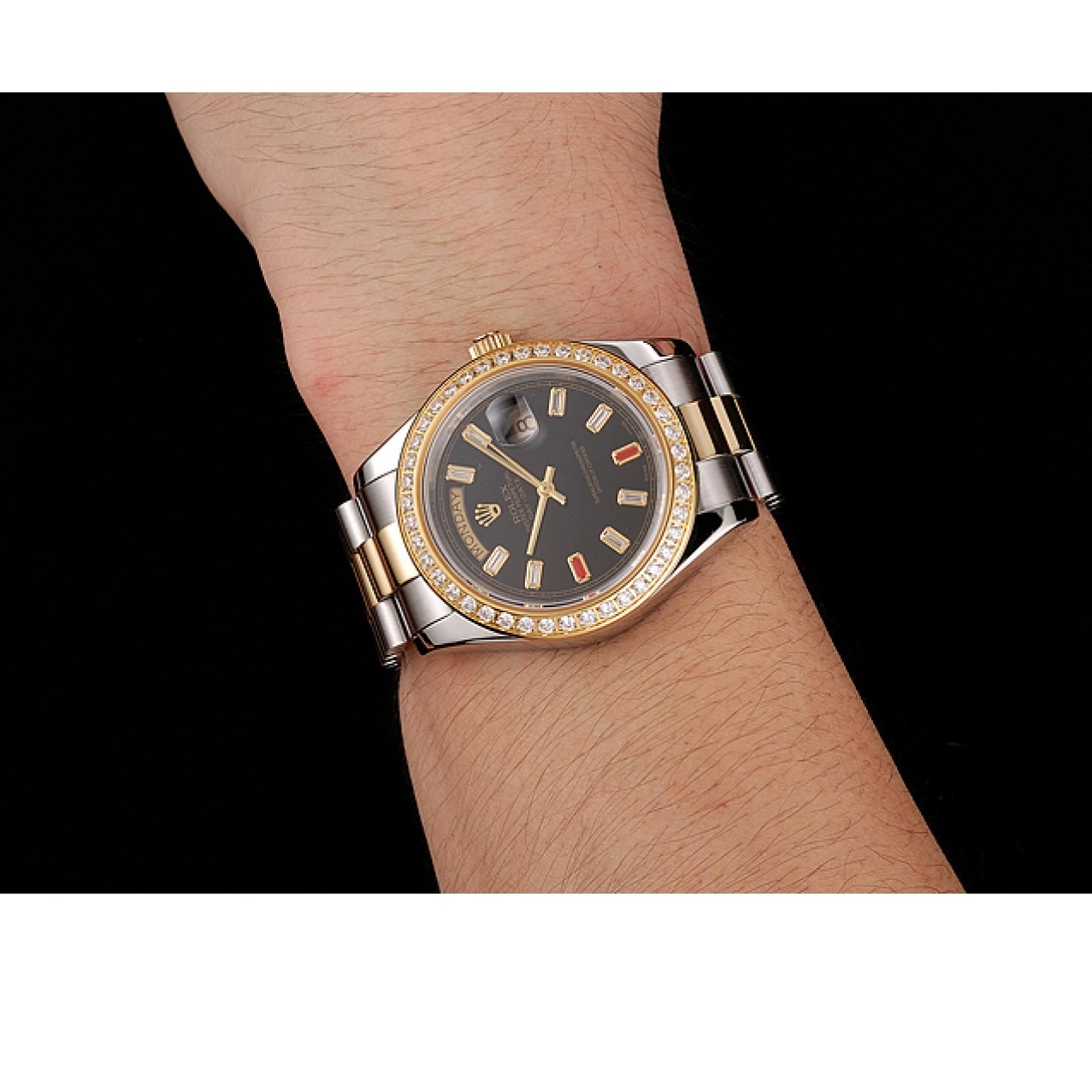 Rolex copies cheap Diamonds Bracelet Tone Swiss 1454105 Black Dial Rubies And Two Rolex Day-Date 0818